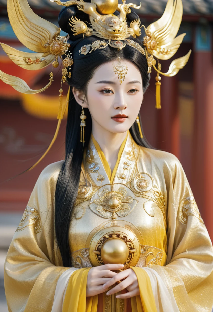 Ancient Chinese Goddess,wearing golden Chinese clothes, golden cosmic sun in background, calm face,half breast visible
