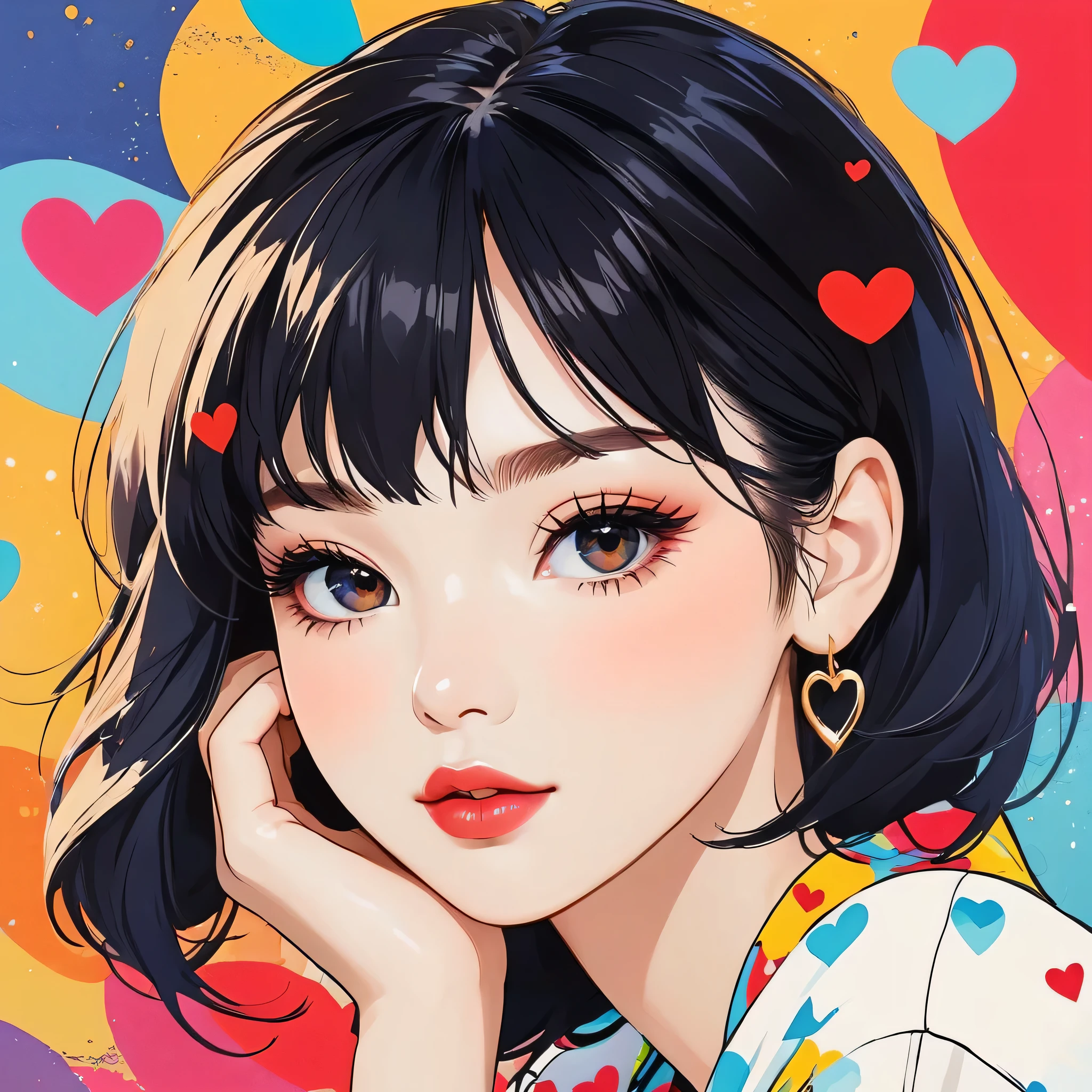 Mika Pikazo colorful style, Simple Line Initialism,Abstract art,Urban Background, (((The most beautiful girl of all time))), Sweet face. Lips in love, colorful hearts, stylish design, black eyes
