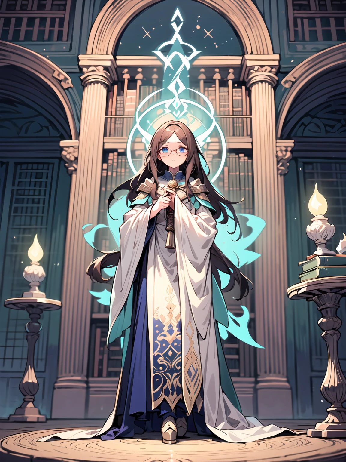 (((masterpiece, highest quality, 16k)))A stunning artwork of a mystical female mage standing in an arcane library. The full-body view showcases her in ornate blue and white robes, exuding an aura of wisdom and magical prowess. Her long, flowing brown hair frames a face of serene beauty, highlighted by blue eyes that shimmer with arcane knowledge and ethereal charm. She holds an enchanted staff, intricately designed and glowing with magical energy, adding to her mystical presence.
The scenery around her is a vast, ancient library filled with towering bookshelves and glowing runes. Magical orbs and floating tomes enhance the enchanting atmosphere, creating a scene of intellectual wonder.