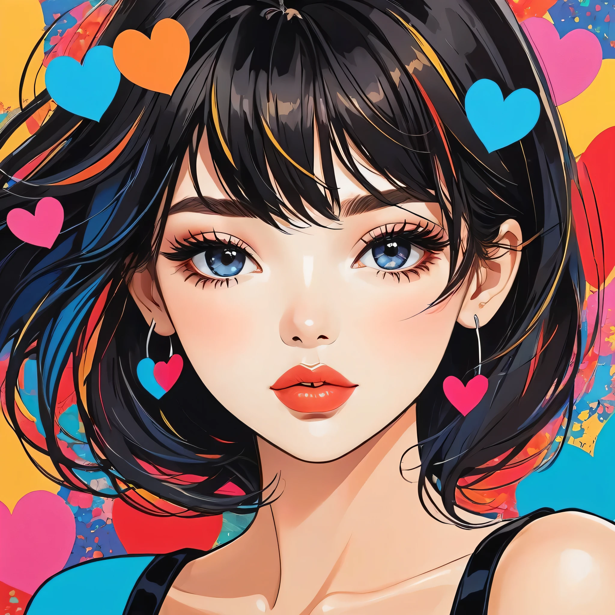 Mika Pikazo colorful style, Simple Line Initialism，Abstract art，Urban Background, (((The most beautiful girl of all time))), Sweet face. Lips in love, colorful hearts, stylish design, black eyes