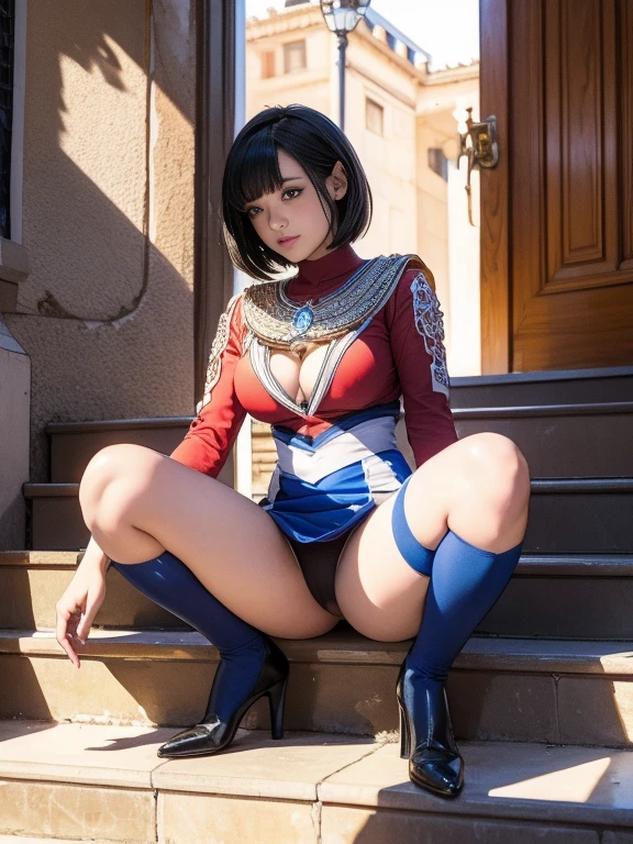 Highest quality, Official Art, masterpiece, Fabric Shading, High resolution, Very detailed, colorful, Best details, Song Jua:1.5, 1 female, Age 25, Black Hair, short hair, Up Bang Hair, One Length, Highest quality, Official Art, masterpiece, Fabric Shading, High resolution, Very detailed, colorful, Best details, Fantasy, Standing on the stairs, A castle town with an old castle view, sunny, Large Breasts, skinny, Surrounded by a lot of people:1.9, Confetti falling, Blessed, Welcomed:1.5, Camel Toe:1.3, Ground level shot,No stockings,squatting, spread legs