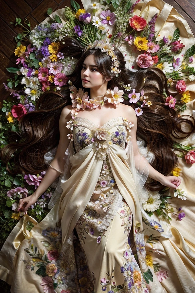 a woman in a dress with flowers on it laying down, lady with glowing flowers dress, covered with flowers, fine art fashion photography, intricate costume design, woman in flowers, intricate gown, flower storm portrait, fine art fashion magazine style, flower goddess, floral couture, covered in flowers, art nouveau fashion photography, ornate dress, an intricate dress, inspired by james christensen