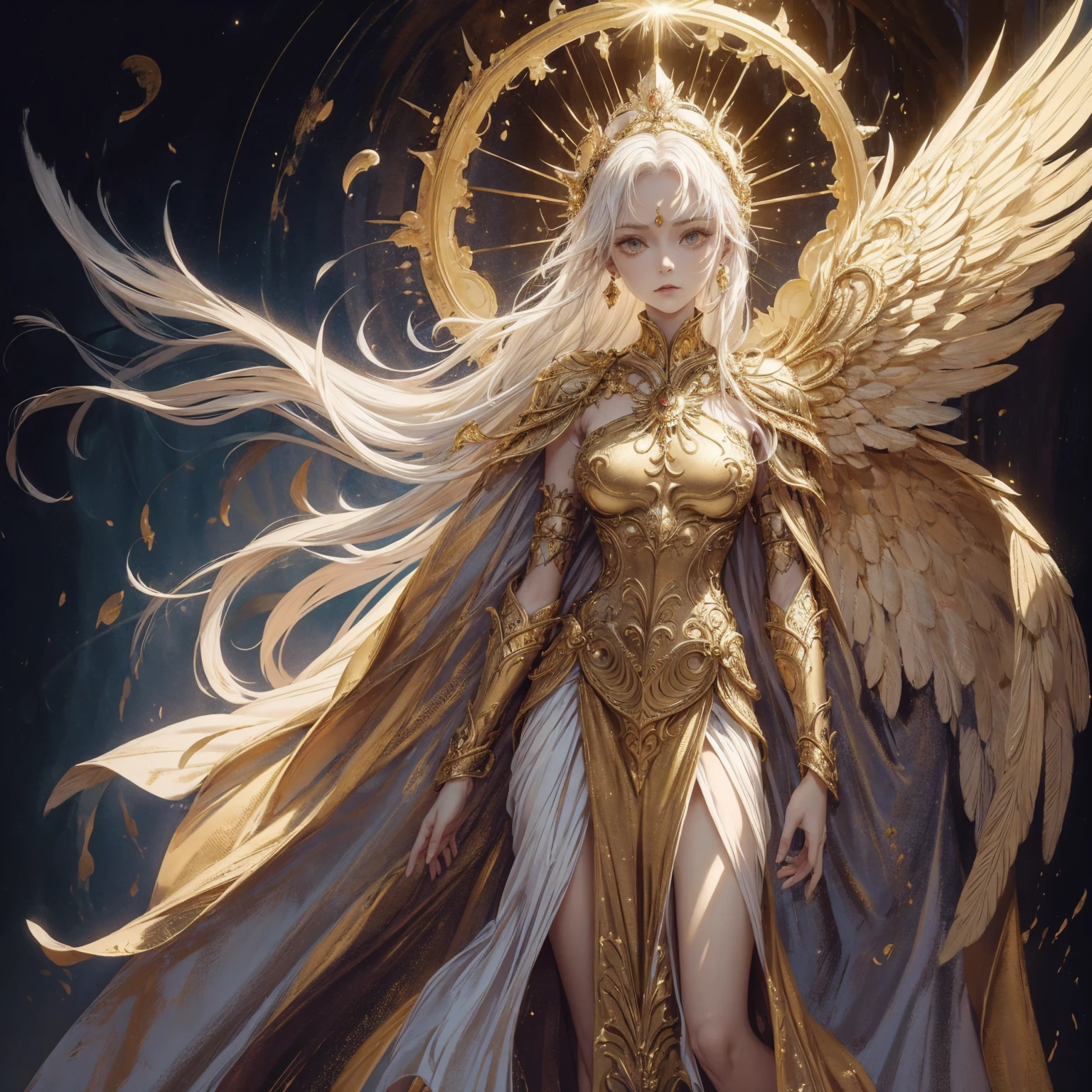 Art of Woman Wearing Sun Crown, Wearing a gorgeous golden breastplate that exposes a small amount of skin above the chest, Wearing a gorgeous golden dress, A pair of giant angel wings taller than the body spread out behind the woman., ancient goddess art, Sacredness. Very detailed, Mysterious inspiration, Inspiration from the Sun God, Religious inspiration, Cold and snobbish face, Dangerous expressions, White hair, Standing, Full body portrait, Gothic art style, Weird art style, Occult art
