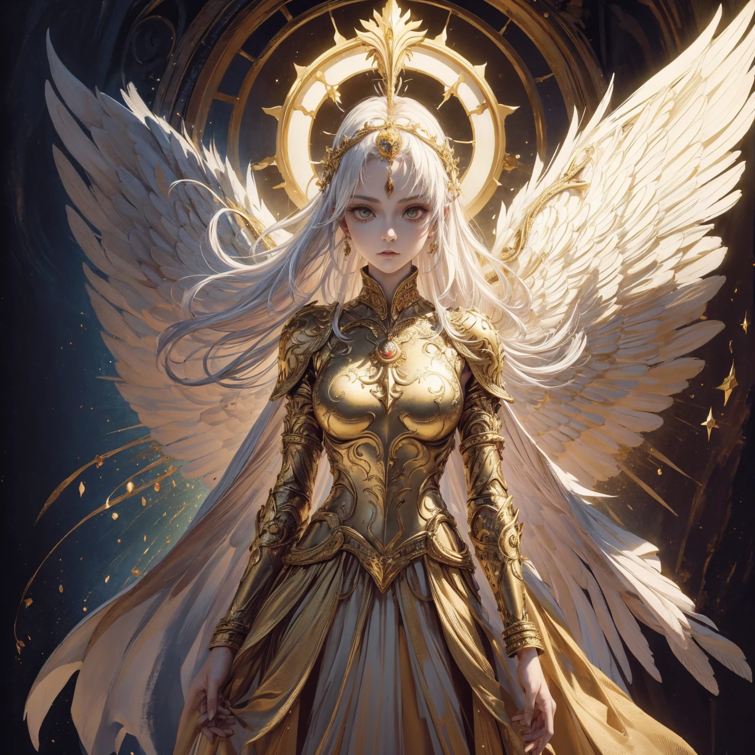Art of Woman Wearing Sun Crown, Wearing a gorgeous golden breastplate that exposes a small amount of skin above the chest, Wearing a gorgeous golden dress, A pair of giant angel wings taller than the body spread out behind the woman., ancient goddess art, Sacredness. Very detailed, Mysterious inspiration, Inspiration from the Sun God, Religious inspiration, Cold and snobbish face, Dangerous expressions, White hair, Standing, Full body portrait, Gothic art style, Weird art style, Occult art