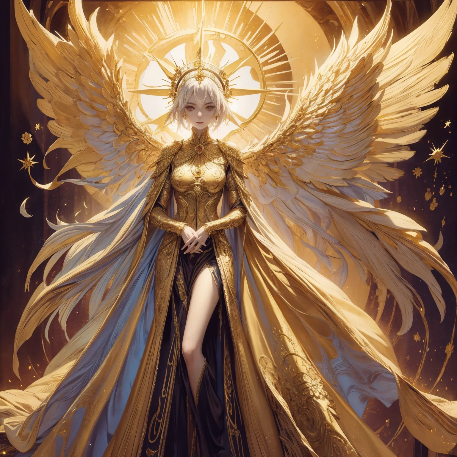Art of Woman Wearing Sun Crown, Wearing a gorgeous golden breastplate that exposes a small amount of skin above the chest, Wearing a gorgeous golden dress, A pair of giant angel wings taller than the body spread out behind the woman., ancient goddess art, Sacredness. Very detailed, Mysterious inspiration, Inspiration from the Sun God, Religious inspiration, Cold and snobbish face, Dangerous expressions, White hair, Standing, Full body portrait, Gothic art style, Weird art style, Occult art
