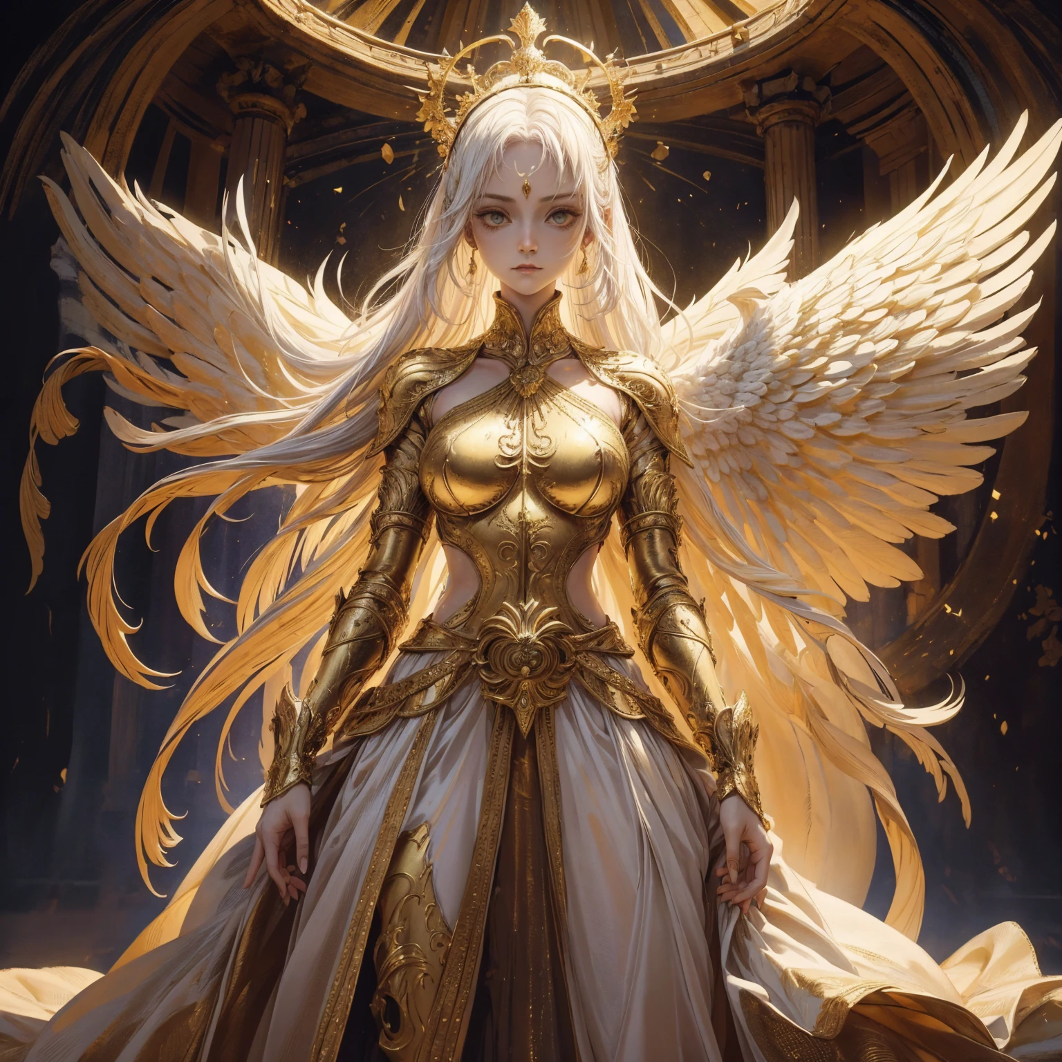 Art of Woman Wearing Sun Crown, Wearing a gorgeous golden breastplate that exposes a small amount of skin above the chest, Wearing a gorgeous golden dress, A pair of giant angel wings taller than the body spread out behind the woman., ancient goddess art, Sacredness. Very detailed, Mysterious inspiration, Inspiration from the Sun God, Religious inspiration, Cold and snobbish face, Dangerous expressions, White hair, Standing, Full body portrait, Gothic art style, Weird art style, Occult art