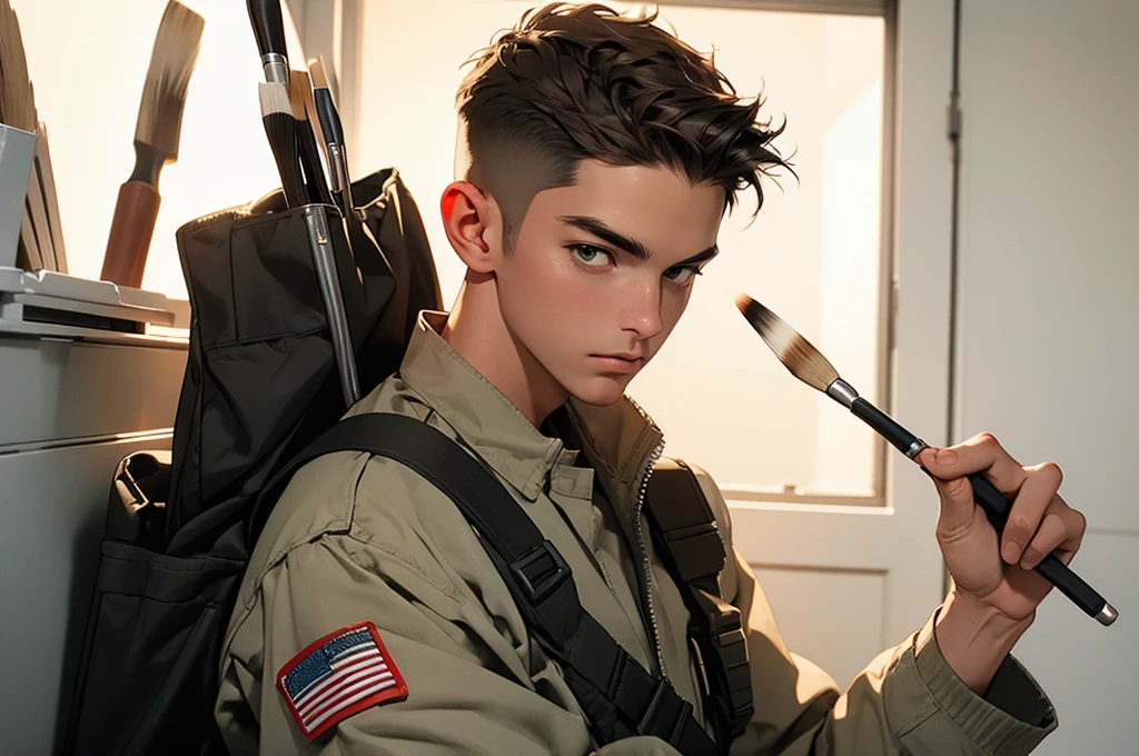 modern soldier is holding paintbrush, high resolution, max detail, 16k,