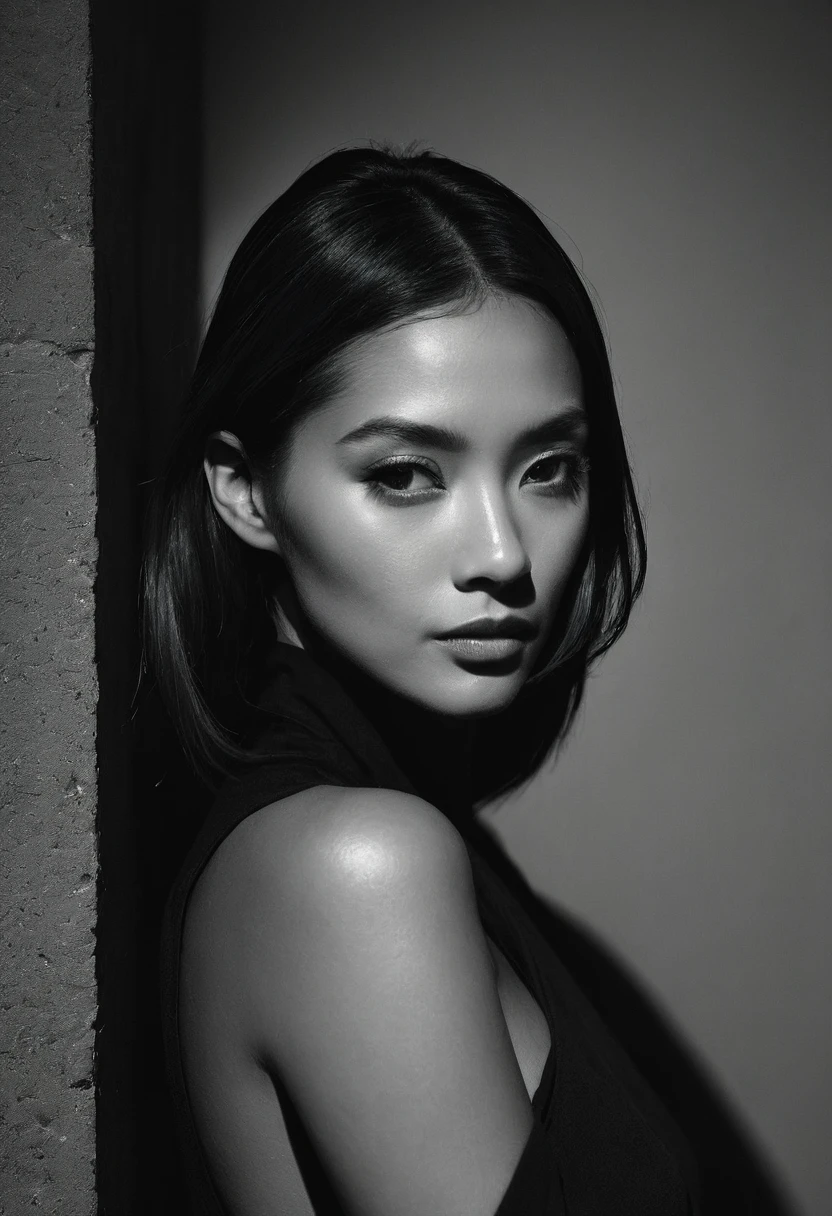 woman bathed in deep blue light, leaning against a wall, looking into the camera in a moment of raw emotion. Her attire is minimal, accentuating her beauty with the dramatic shadows cast by the lighting. The background is stark, with sharp contrasts highlighting the contours of her form. The blue and black palette intensifies the mood, evoking a sense of mystery and allure. Subtle film grain and meticulous shading add depth and texture, emphasizing the emotional gravity of the scene. The lighting creates a chiaroscuro effect, accentuating her expressive pose and the intense atmosphere.