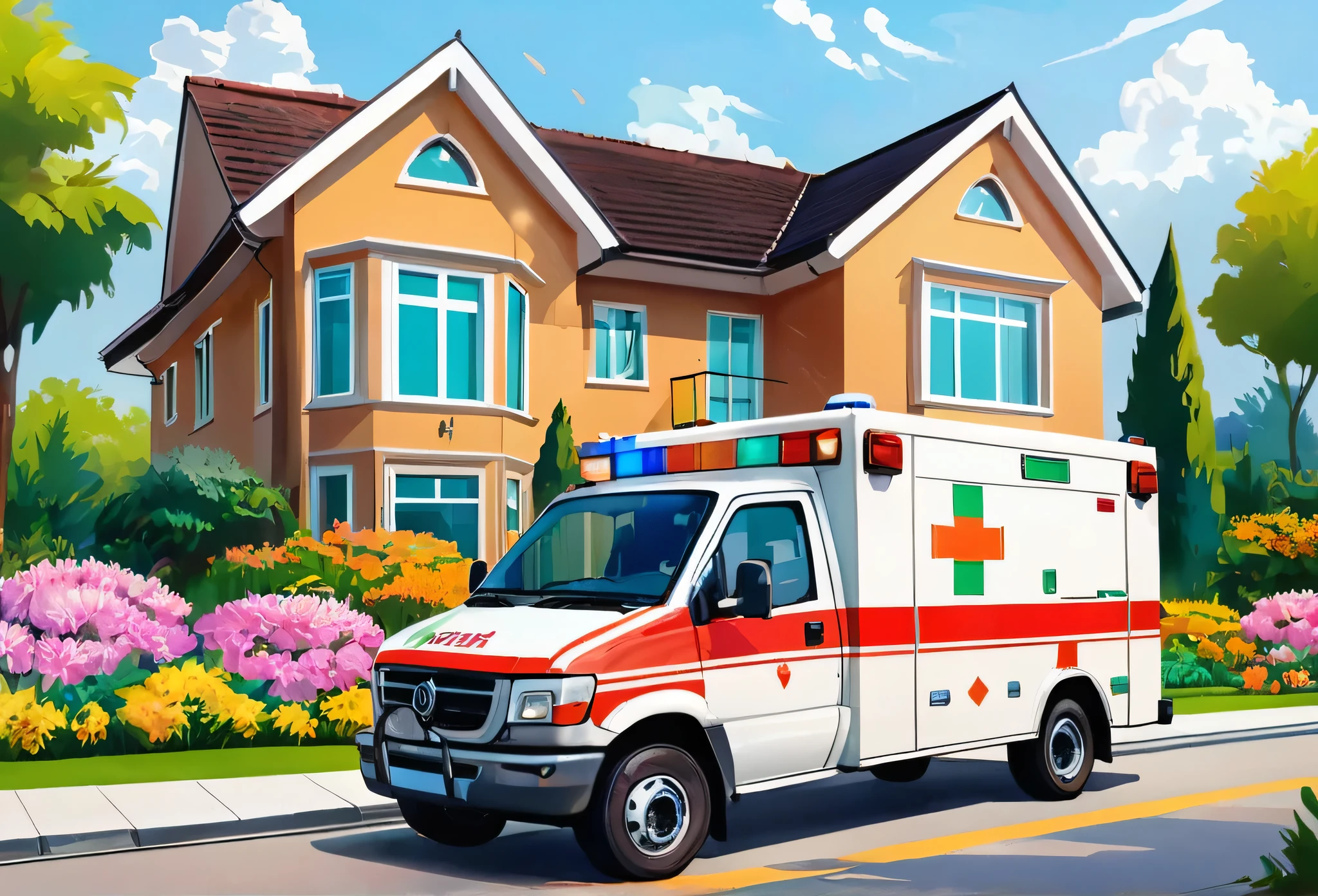 An ambulance in front of a modern house with beautiful flowers, in an estate, Nigerian modern estate. 
African (masterpiece best quality:1.2) delicate illustration ultra-detailed, illustrations, bright, colourful, 