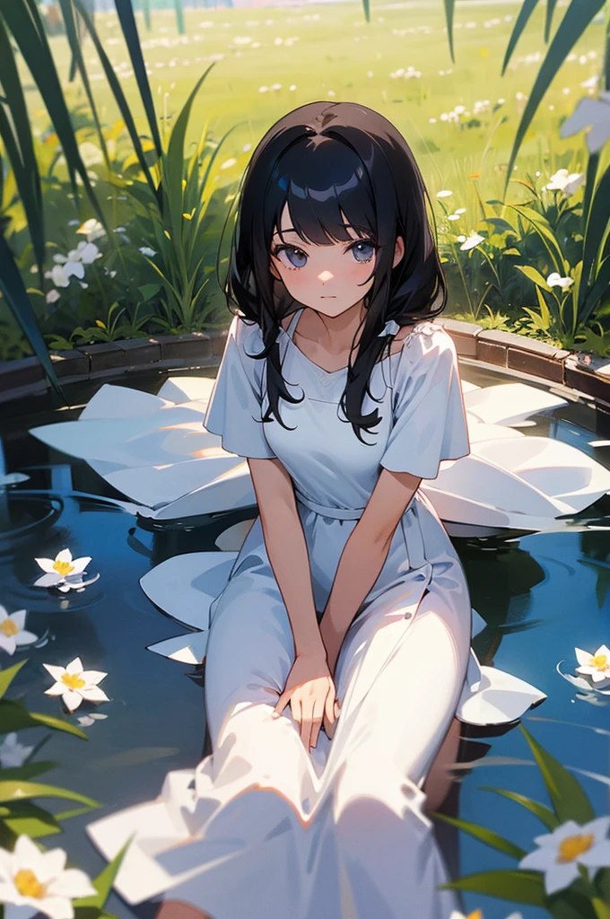 ((best quality)), ((masterpiece)), (detailed), perfect face, anime girl with big dress sitting properly on the floor in the garden, the weather is sunny and shining, there's flowers in the garden, no big , white dress with little roses, long and straight black hair with bangs