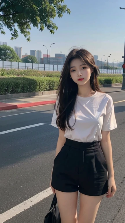 1 Girl,roadside,Soft Light,Chinese Beauty,Short sleeve,shorts,Dark-haired