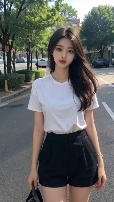 1 Girl,roadside,Soft Light,Chinese Beauty,Short sleeve,shorts,Dark-haired