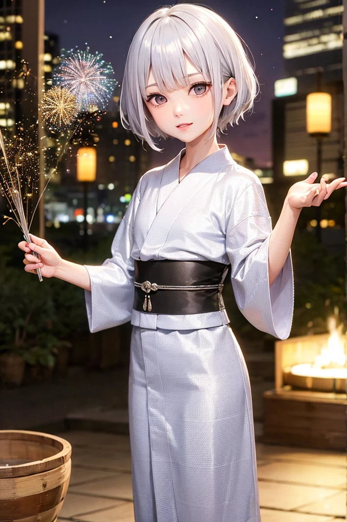 Silver Hair Short Hair Handsome youth Golden Eyes firework yukata night