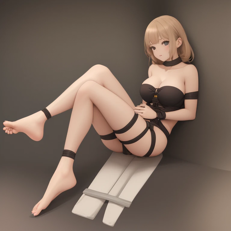 strapless attire woman, tied bondage, barefoot,full body