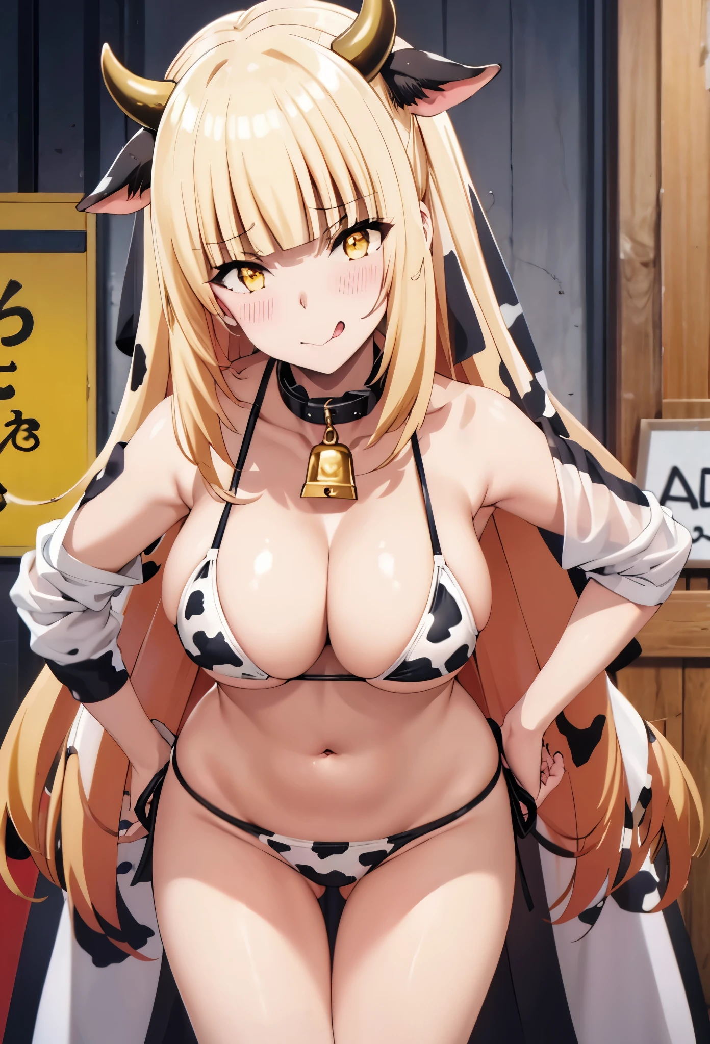 rose,blonde hair,yellow eyes,cow bikini,bell,cow ears,cow horns,collar,squinted eyes,blush,naughty face,tongue out,outdors
