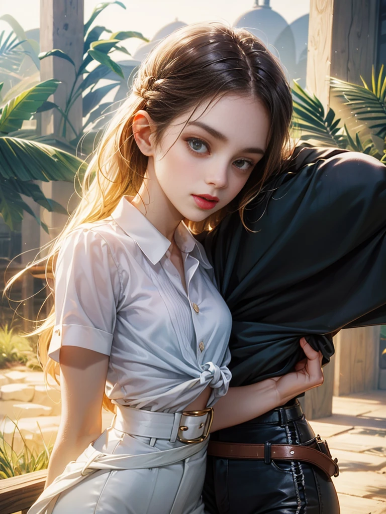 The girl wears white shirt with waist belt, shorts.
Elle est africaine et son petit ami aussi