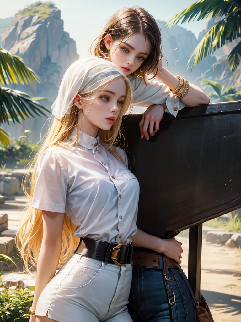 The girl wears white shirt with waist belt, shorts.
Elle est africaine et son petit ami aussi 