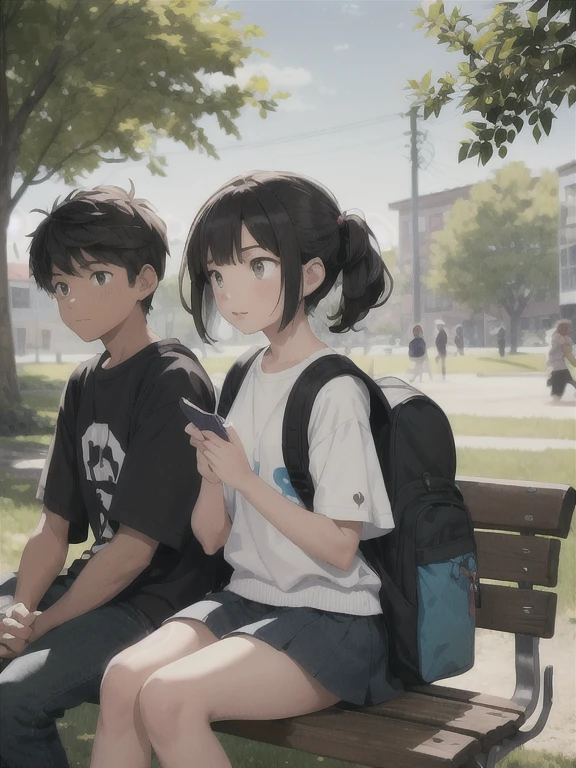 A 15-year-old girl sits on a park bench, holding a notebook. She’s engaged in a lively conversation with her friend, a boy of the same age. They both wear casual clothes and backpacks are beside them. The setting is a sunny day in a schoolyard with trees and other students in the background. The girl appears animated, gesturing with her hands, while the boy listens attentively, nodding in agreement. Their expressions convey a mix of excitement and concern as they discuss their upcoming exams.