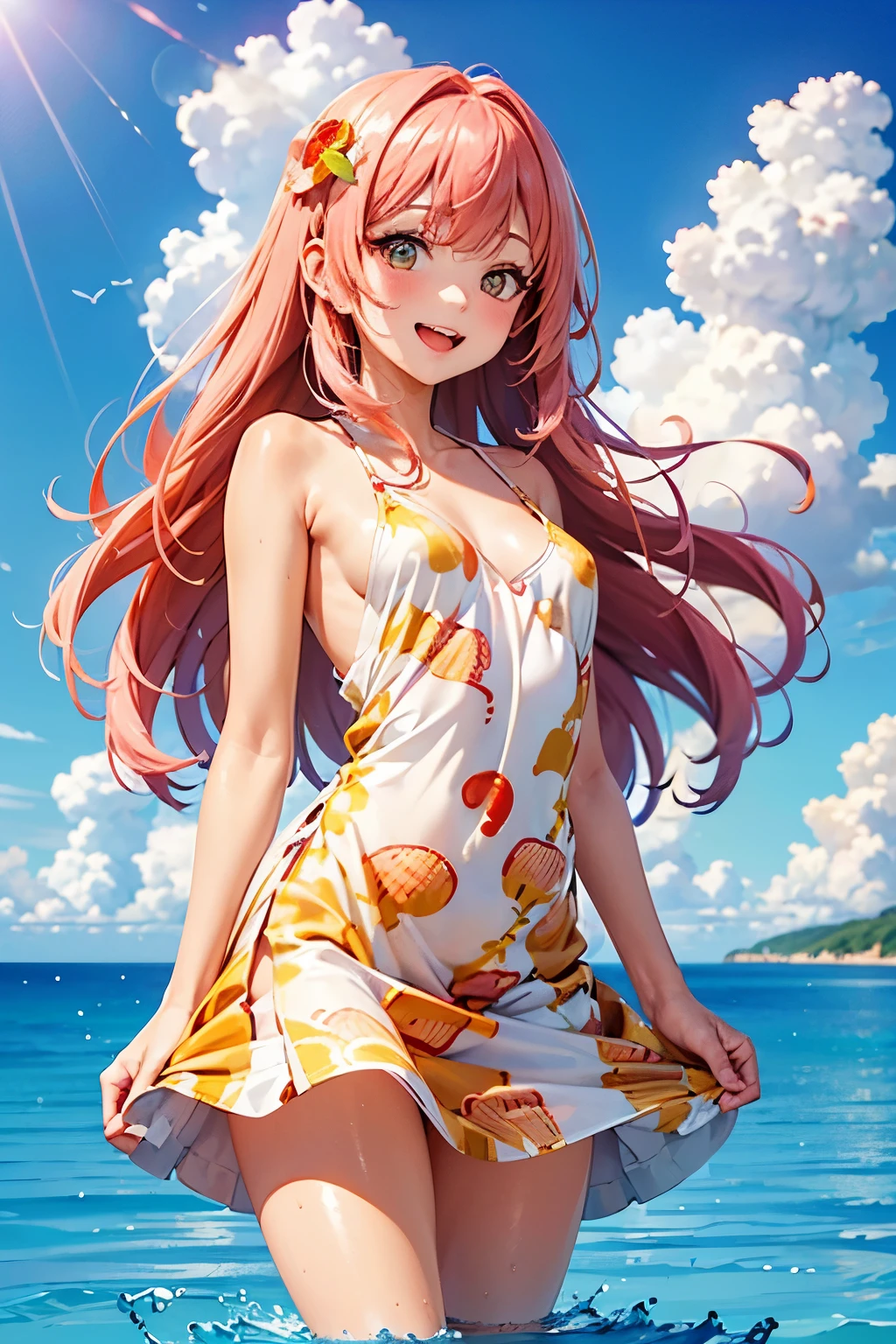 best quality, (masterpiece:1.3), absurdres, highres,16k, ultra high res, official art, illustration,extremely detailed, 1girl, solo, full body, 20yo, 
delicate lines tailed face, (long hair1.2), (straight hair1.8), (beautiful (coral pink) hair:1.2), (shiny hair:1.2), (beautiful (gold) eyes:1.2), (shiny eyes:1.2), (small breasts), (gleaming skin:1.4),

 looking at viewer, (cowboy shot:1.5), (standing on water:1.2), laugh with open mouth, 
(floral printed dress:1.2), (poppy hair ornament)
(flower:1.2, )(horizon:1.5), (refllection:1.5), (blue sky:1.5), (cloud:1.2),