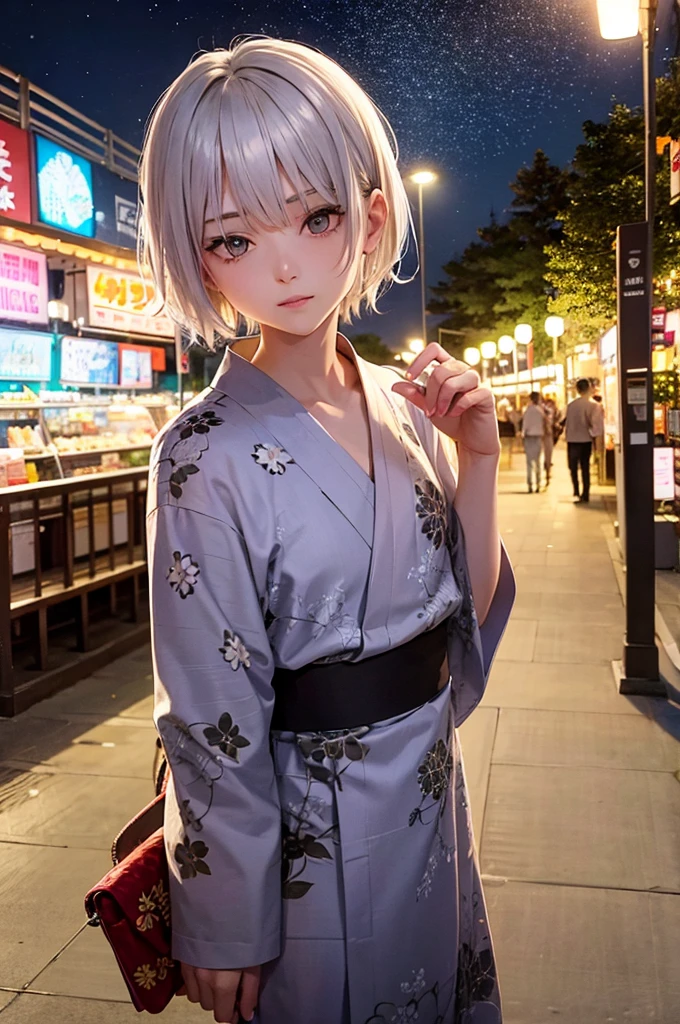 Silver Hair Short Hair Handsome youth Golden Eyes firework yukata night
