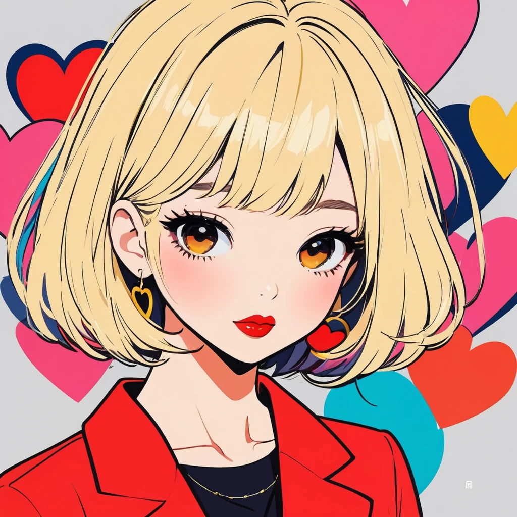 Mika Pikazo colorful style, Simple Line Initialism,Abstract art,Urban Background, (((The most beautiful girl of all time))), Sweet face. Lips in love, colorful hearts, stylish design, black eyes