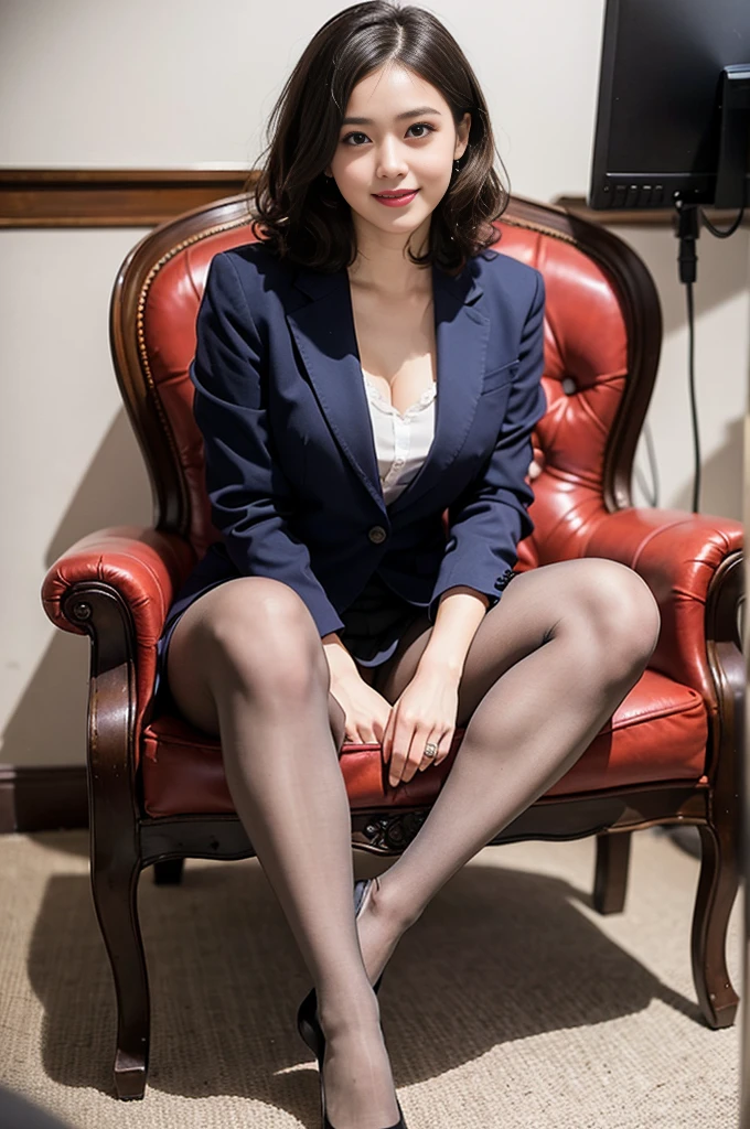 Ulzzang-6500-v1.1, (RAW photos:1.2), (realistic), (really:1.4), 1girl、very pretty girl、21 years old、game_nffsw, eye for detail, shy smile、business fashion、business suit、thighs and skirt、sit on a chair、Working、(very realistic pantyhose:1.2), Curly hair、realistic skin texture、glowing skin、exposed thighs!!! , assembly、eye shadow、