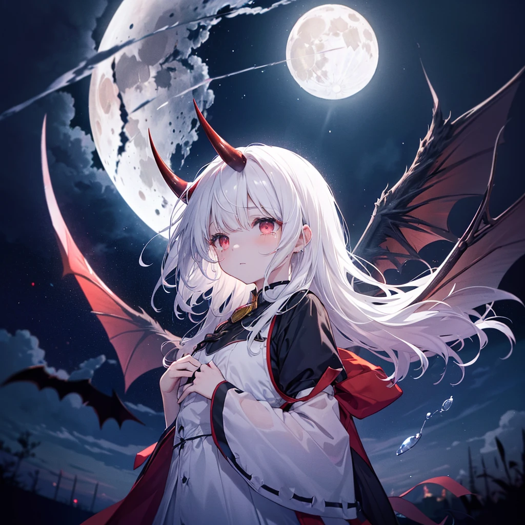 (((((devil、Place your hand on your chest、look up、View the Moon Close-up、Low - Angle Galaxy Background、Shine tears、Reflection of light))))) (((horn Fantasy Long Hair、Black and white、Swaying in the Wind Dull red eyes Bat Wings)))) (((Lonely、despair shout))) ((gloves)) (Standing in the middle of a cemetery Big full moon) Shine背景 Particles of light, Shineエッジ