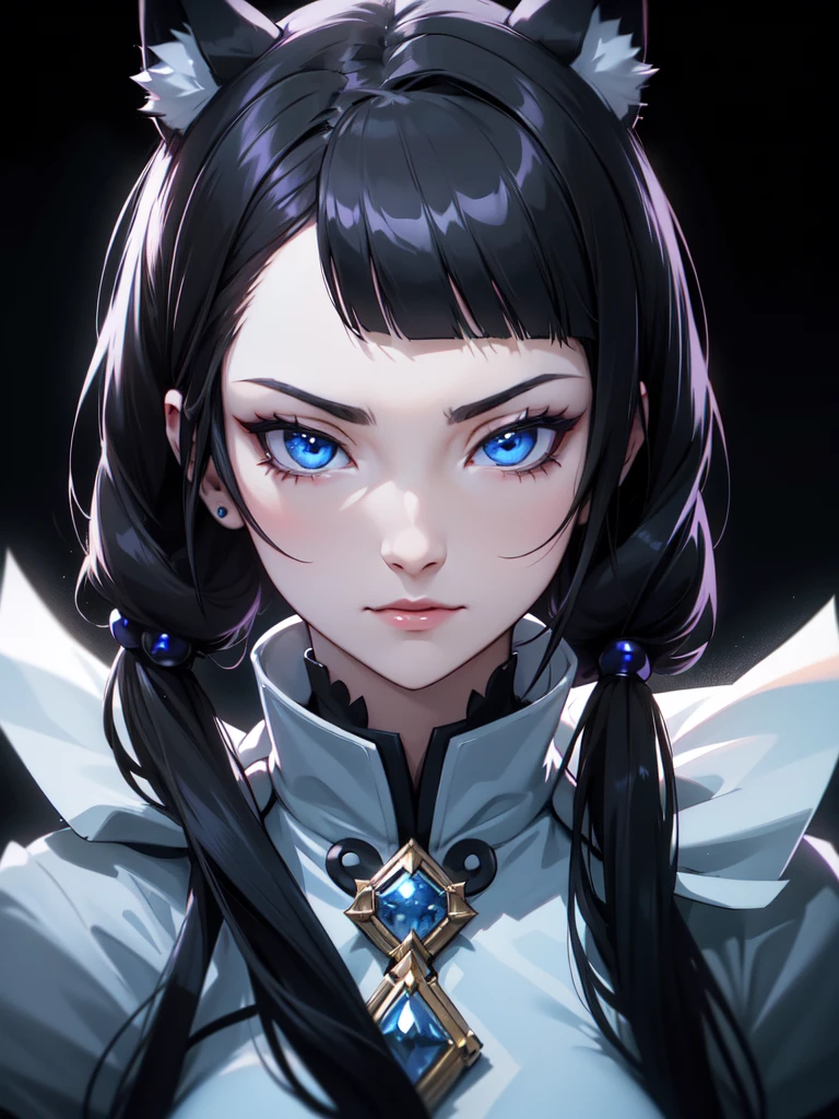 (((Portrait Photo))), She has the Appearance of a Regal r, with a Strong, Muscular Build and Pale Skin that Radiates Elegance. She has Long Black Hair, Styled in Odango-Shaped Buns with Slim Twintails, which Resemble Wolf Ears. Her Icy Blue Eyes Reflect the Piercing Gaze of a Husky—Intense, Intelligent, and Unyielding. Her Expression is Calm and Composed, with a Subtle, Knowing Smirk, Perfectly Embodying the Essence of Pride and Excellence. (((High Quality, Dark Background))), (((Portrait Photo)))