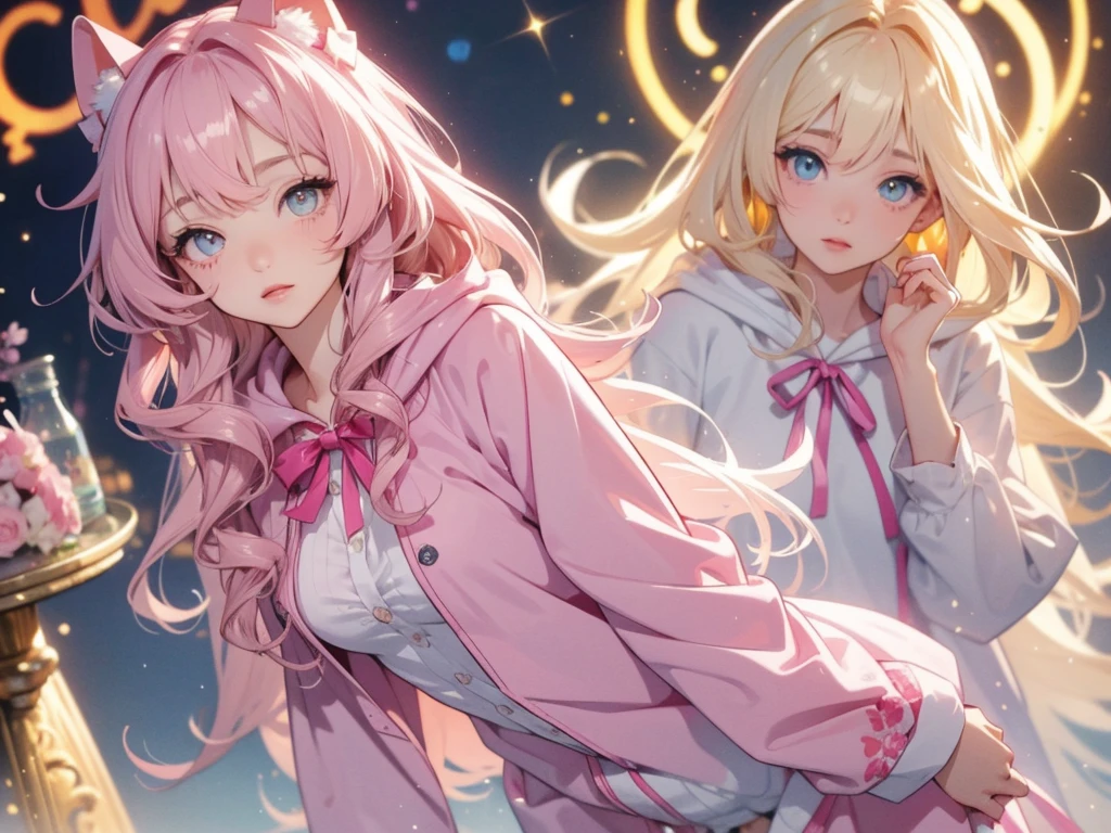 adult woman, Age 22; long hair, pretty and pink, curly hair; light yellow eyes, angelic and beautiful face with flushed cheeks, rosto ultra detaild; (( wearing cute hooded kigurumi pajamas )); best qualityer, ultra detaild, best resolution, 4K, soft strokes, role model, work of art, closes; dimly lit room in the background, focus on the character, blurry background