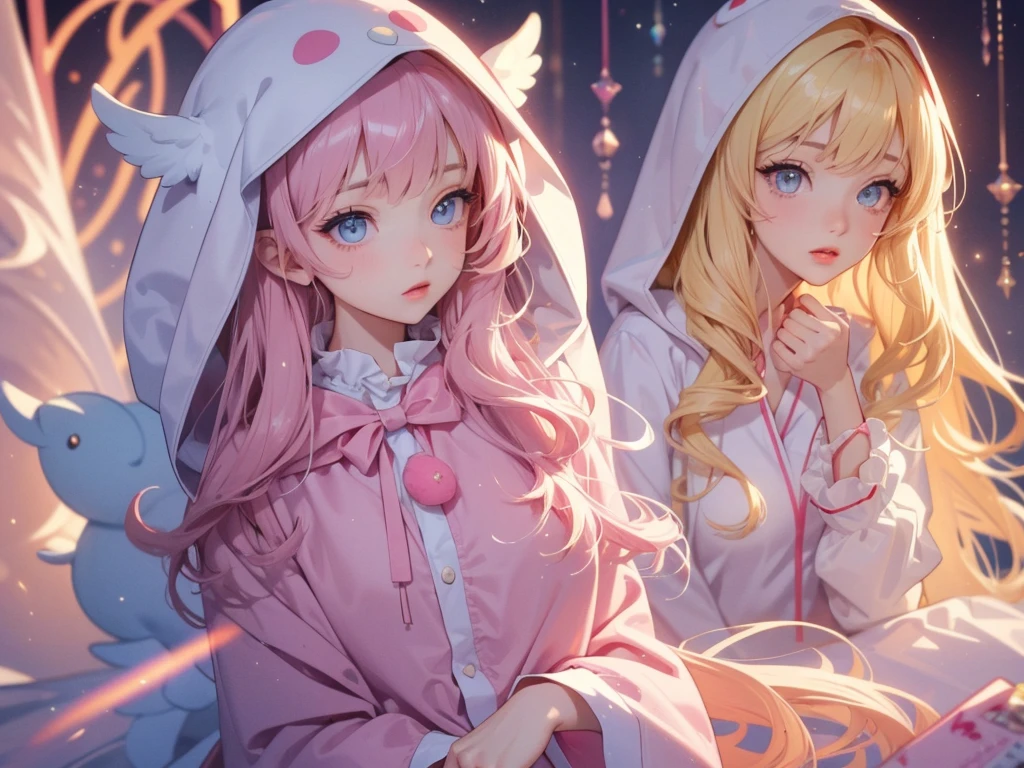 adult woman, Age 22; long hair, pretty and pink, curly hair; light yellow eyes, angelic and beautiful face with flushed cheeks, rosto ultra detaild; (( wearing cute hooded kigurumi pajamas )); best qualityer, ultra detaild, best resolution, 4K, soft strokes, role model, work of art, closes; dimly lit room in the background, focus on the character, blurry background