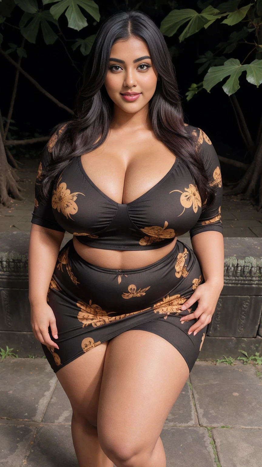 swastika mukharjee Indian beautiful woman curvy plus size hour glass bulky huge figure woman, closeup camera view, big huge m-cup breast, wearing SHEIN VCAY Women's Random Printed Simple Daily Dress Color: Apricot , covered Bust , elegant standing position, eye contact view, different style hairstyle, bright eyes, thin eyebrows, fair skin, blushing cheeks, prefect head to toe view, full body, ideal for high-fashion or editorial shoots, ultra realistic skin texture, head to toe view, full body shot, full body view, smile face, black hair, Indian face, perfect skin tone light, ultra realistic skin texture, bigger waist, busty, big hips, fleshy thighs, thick thighs, busty, full body view, Angkor Wat, Cambodia: Ancient temple complex with jungle backdrop.
