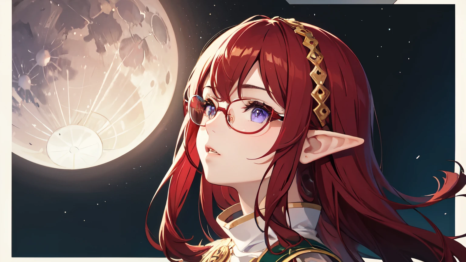 ((Highest quality)), ((masterpiece)), (detailed), One girl,Elf,Red Hair,Glasses,The image color is reddish purple.,Looking at the moon。Profile looking up。