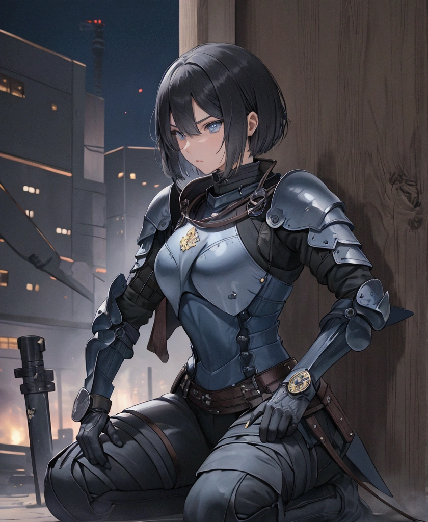 Best Quality,T Masterpiece,Ultimate resolution,18Old female fighter,Slender、Very slim、Small face、cute、(Kneeling pose),Super Short Hair,((A tight-fitting black combat uniform with a shiny enamel finish:1.0)),Black Hair、Peace talks between warring factions,attention arousal, smart blue eyes,Tight Suit,gloves、Steel City Background,night