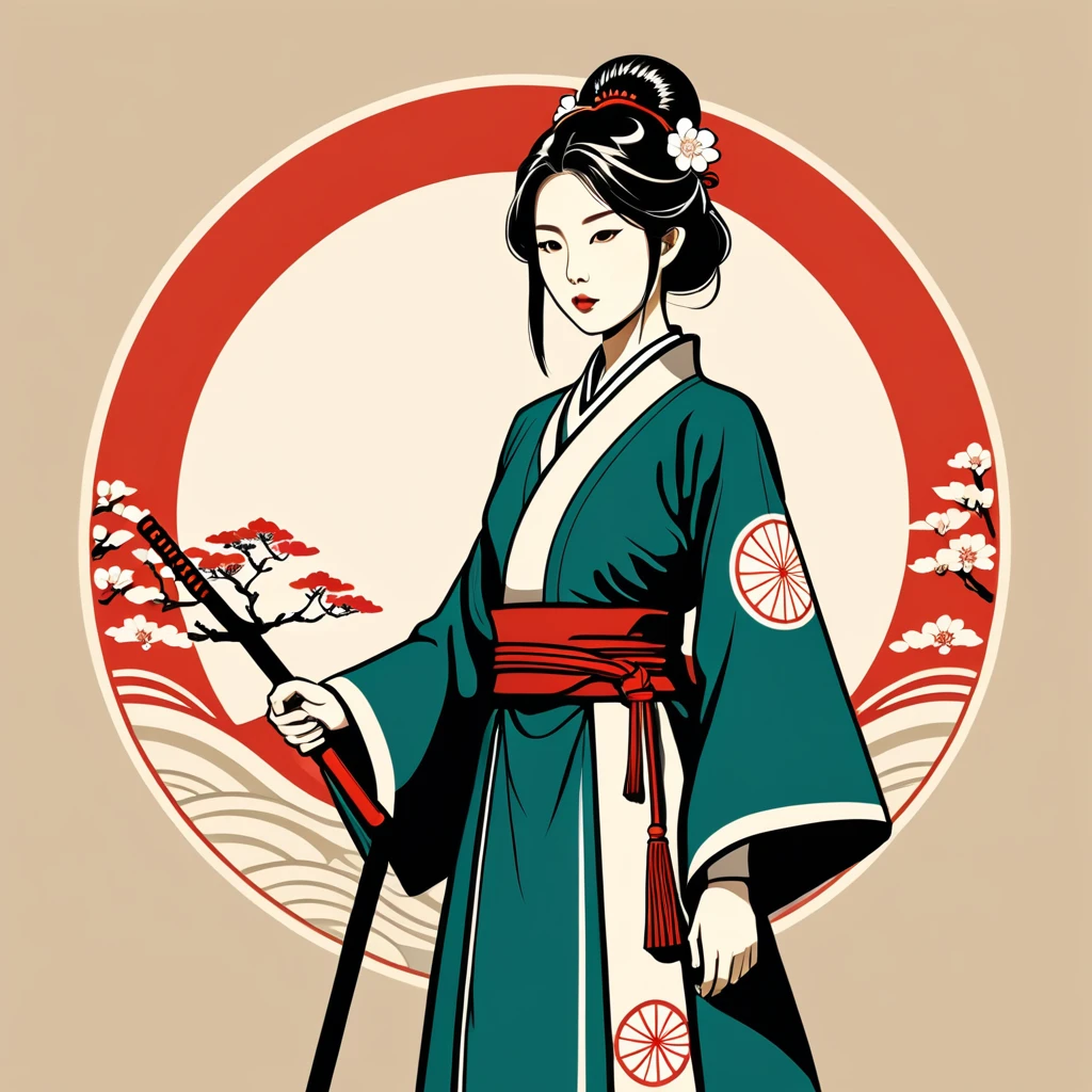 female warden in japanese folk outfit ,vector graphics, strong contours, logo design