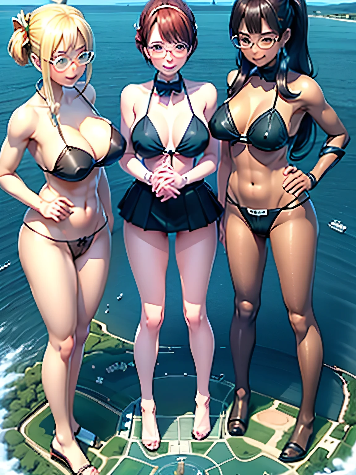multiple girls, 3girls, standing, giantess art, highly detailed giantess shot, giantess, most detailed, perfect face, two legs, five fingers, short hair, beautiful girl bigger than a skyscraper, wearing rimless glasses, smiling, huge breasts, swimsuit, maid bikini, stiletto heels, under heavy attack, seaside metropolis, numerous miniature warships on the sea, very small metropolis, miniature metropolis, full body depiction, GTS, giga giant, trampling city, crush city, tiny city, micro city, high resolution, best quality, masterpiece,