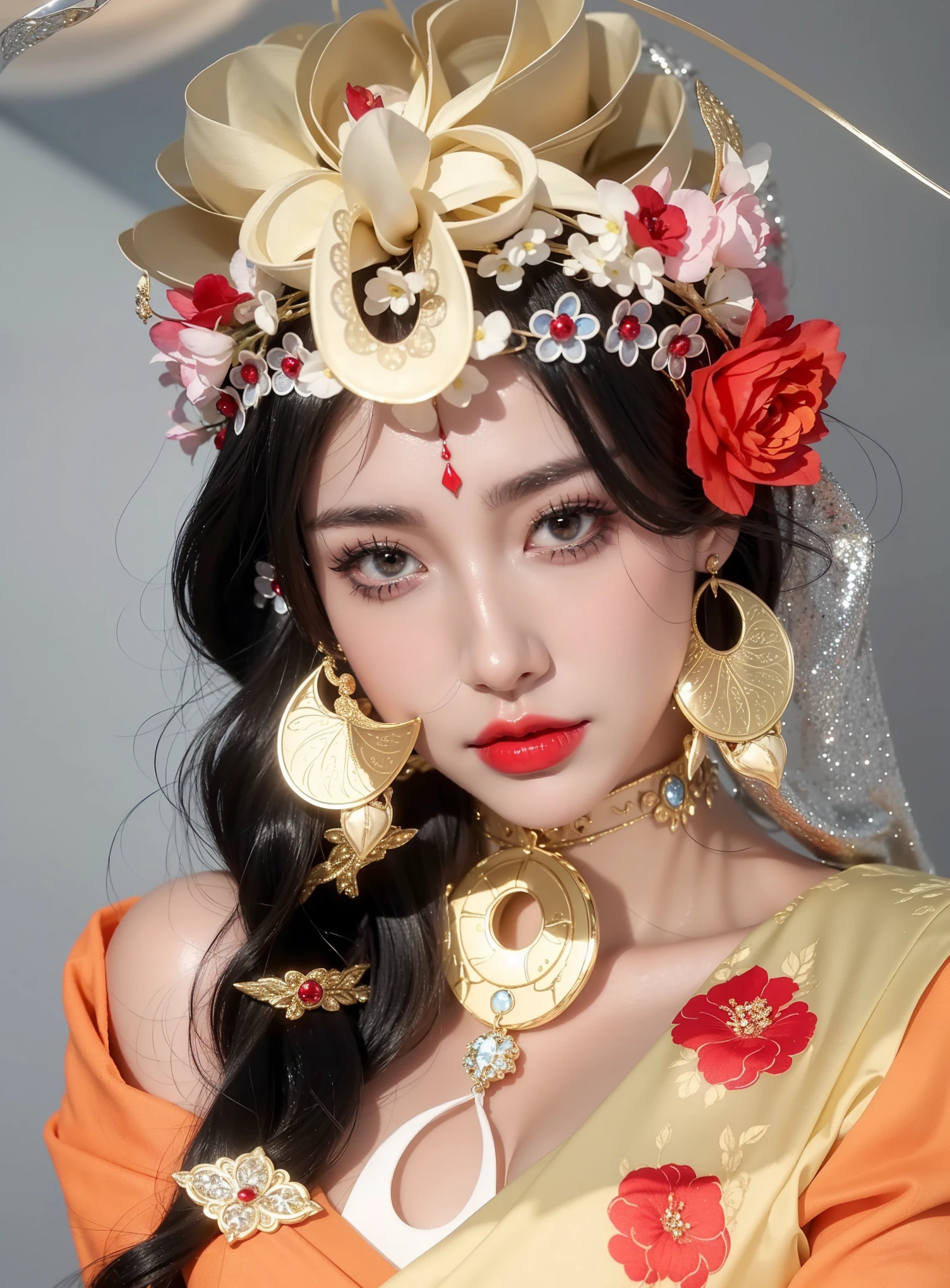 Royal princess,Extremely detailed, Delicate face, Stock Photography , Portrait 400, F1 Camera Lens.6, rich and colorful, Surrealism, Realistic textures, Dramatic Lighting, Thin Film Distiller 800 (8K, original photo, Better quality, masterpiece: 1.2), Extremely detailed, (Extremely delicate skin: 1.2), 8K ultra high definition, SLR camera, Soft Light, high quality.Fire Queen,Blue pupils,Wear red lipstick,Have a tattoo,The tattoo is very three-dimensional,Gorgeous and intricate tattoo designs,Dark eyeshadow,Sexy thick lips(Red lipstick),