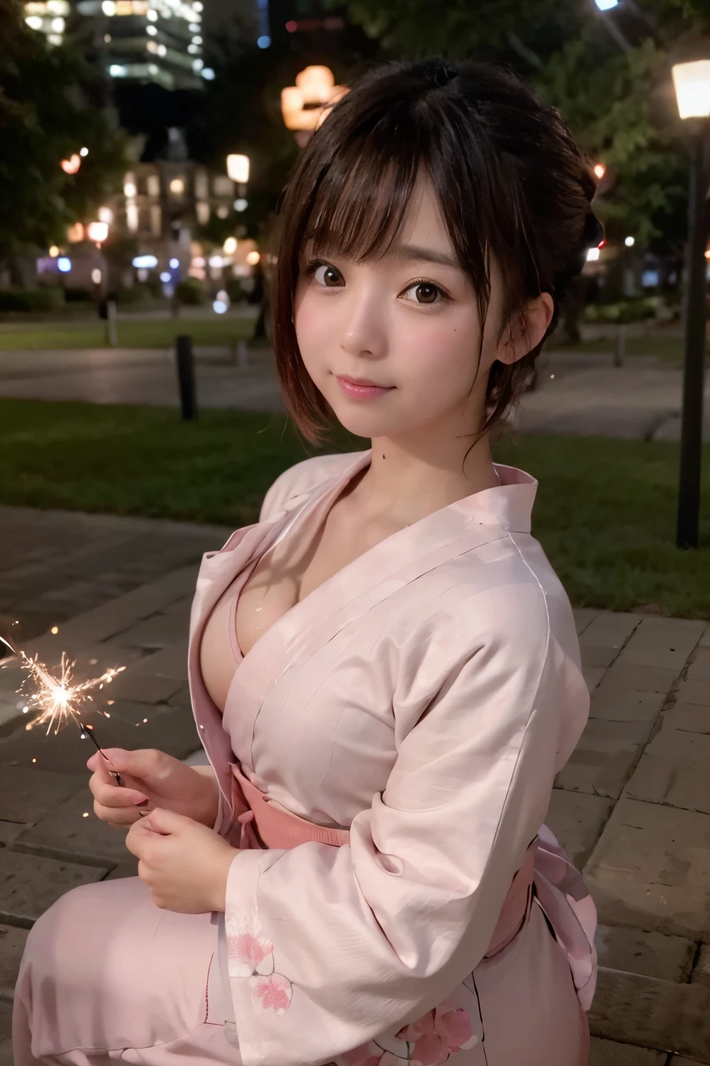 8K, RAW Photo, Best Quality, Masterpiece, Realistic, PhotoRealistic, Extremely Detailed 8K Wallpaper, (Beautifully Detailed Eyes), Finely Detailed Face, 
 BREAK 
Professional Lighting, 
 BREAK 
(A Girl is Playing Japanese Sparkler with Own Hand Extending to the Viewer:1.6), Pointing Fireworks to the Viewer:1.1, 
((Light Evening:1.3)), 
(marunouchiekimaehiroba:1.2), 
((lamppost, [tree], scenery, building, sky, clock, city, real world location, road, street, window, cityscape, pavement)), 
 BREAK 
Perfectly Anatomically Correct:1.7, 5 Beautiful finger:1.7, 
 BREAK 
1 Girl, Very Short Hair Bun:1.2, Japanese, (Kawaii), Wide-Set Eyes, Very White Skinned, Blush, Embarrassed, -Yeld, 
ptivating Eye Reflections), 
Peaceful, Smiling, Ecstasy, Open Mouse Slightly, 
Brown Hair, Wet Hair, 
(LightPink Japanese Yukata:1.4), Squatting, [Slightly Cleavage], 
Looking at Viewer, 
 BREAK 
[SFW:1.0], 
 BREAK 
Eye Focus:1.0, Bokeh:1.3, (50mm Lens)