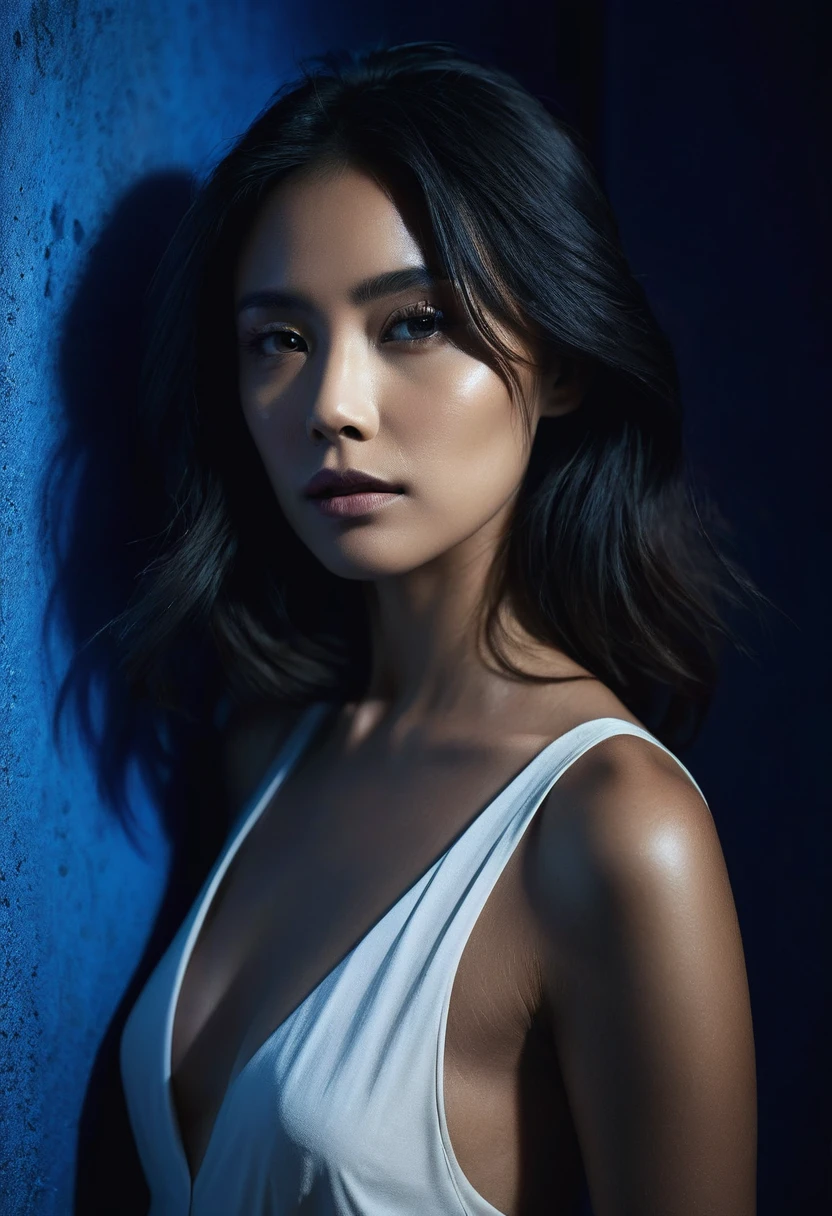 woman bathed in deep blue light, leaning against a wall, looking into the camera in a moment of raw emotion. Her attire is minimal, accentuating her beauty with the dramatic shadows cast by the lighting. The background is stark, with sharp contrasts highlighting the contours of her form. The blue and black palette intensifies the mood, evoking a sense of mystery and allure. Subtle film grain and meticulous shading add depth and texture, emphasizing the emotional gravity of the scene. The lighting creates a chiaroscuro effect, accentuating her expressive pose and the intense atmosphere.