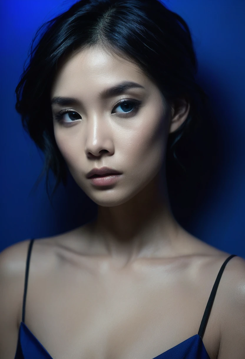 woman bathed in deep blue light, leaning against a wall, looking into the camera in a moment of raw emotion. Her attire is minimal, accentuating her beauty with the dramatic shadows cast by the lighting. The background is stark, with sharp contrasts highlighting the contours of her form. The blue and black palette intensifies the mood, evoking a sense of mystery and allure. Subtle film grain and meticulous shading add depth and texture, emphasizing the emotional gravity of the scene. The lighting creates a chiaroscuro effect, accentuating her expressive pose and the intense atmosphere.