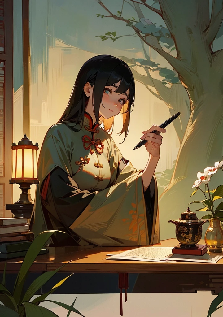 A photo of a beautiful girl in a traditional Chinese dress looking at an old Chinese book under a lamp on a low table in a garden surrounded by old walls on a quiet night,((His right holds a pen and his left hand places it on the table.)),((masterpiece)),realist,4k,extremely detailed,((Beautiful big eyes))