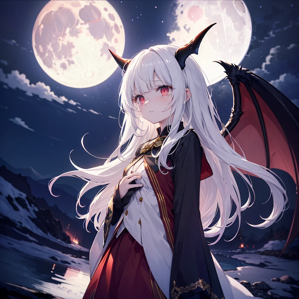 (((((devil、Place your hand on your chest、look up、View the Moon　Close-up、Low - Angle　Galaxy Background、Shine　tears、Reflection of light)))))　(((horn　Fantasy　Long Hair、Black and white、Swaying in the Wind　Dull red eyes　Bat Wings))))　(((Lonely、despair　shout)))　((gloves))　(Standing in the middle of a cemetery　Big full moon)　Shine背景　Particles of light, Shineエッジ