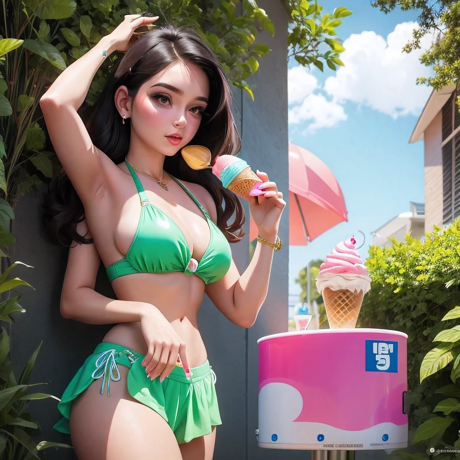 araffe1 girl in a bikini eating an ice cream cone, eating ice cream, in a bikini, angela white, giorgia meloni, katy perry, in bikini, eating ice - cream, wearing spandex bikini, ice cream on the side, bikini, ice cream, wearing a bikini, candid photo of dirty, shiny plastic bikini, candid shot, cone, 1 girl, solo,in a green dress standing by a wall,portrait of female idol,