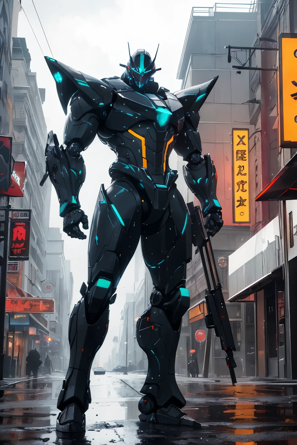 Imposing black plastic metal android new futuristic armyrobo,three meters tall,full armored, battle pose, sharps design,marked metallic musculature. His head is smooth and adorned with RGB lights,body is glossy yellow black, RGB details, futuristic design,(((muscular))),hypermuscle, hyper muscles,carbon robot,humanoid robot, robot, robot joints, joints, helmet, armor, head-mounted display,(((robot with hyper design))),((perfect robot face)),

He carries a metal backpack on his back.

(dynamic pose:1.0),solo focus,(centered,scale to fit dimensions,Rule of thirds),

cyberpunk city at night, with bright neon signs and dark stormy clouds and puddles, scenery:1.25,nighttime, starry night, cosmos,Very dark night that makes the neon lights stand out, very bright neon lights,

(top-quality,8K,32K,​masterpiece),high resolution,ultra-detailed,(Photorealistic:1.4,realistic,photo-realistic:1.37),professional,photo from the front,glitter,intricate,highly detailed,volumetric lighting,digital painting,intense,sharp,focus,((soaking wet)),magnificent,high fantasy,portrait,perfect rendered face,perfect face details,grim,medium shot,realistic face,photo realistic,analog style,bf,best quality,((intricate detail)),highres,((drawn)),cinematic lighting,(((realism))),((synthwave background theme)),(((vibrant colors))),by Richard Corben, by Miles Aldridge,by John Atkinson Grimshaw,art by artgerm and rutkowski and alphonse mucha,cgsociety