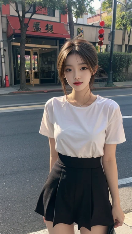 1 Girl,roadside,Soft Light,Chinese Beauty,Short sleeve,Short skirt,Dark-haired