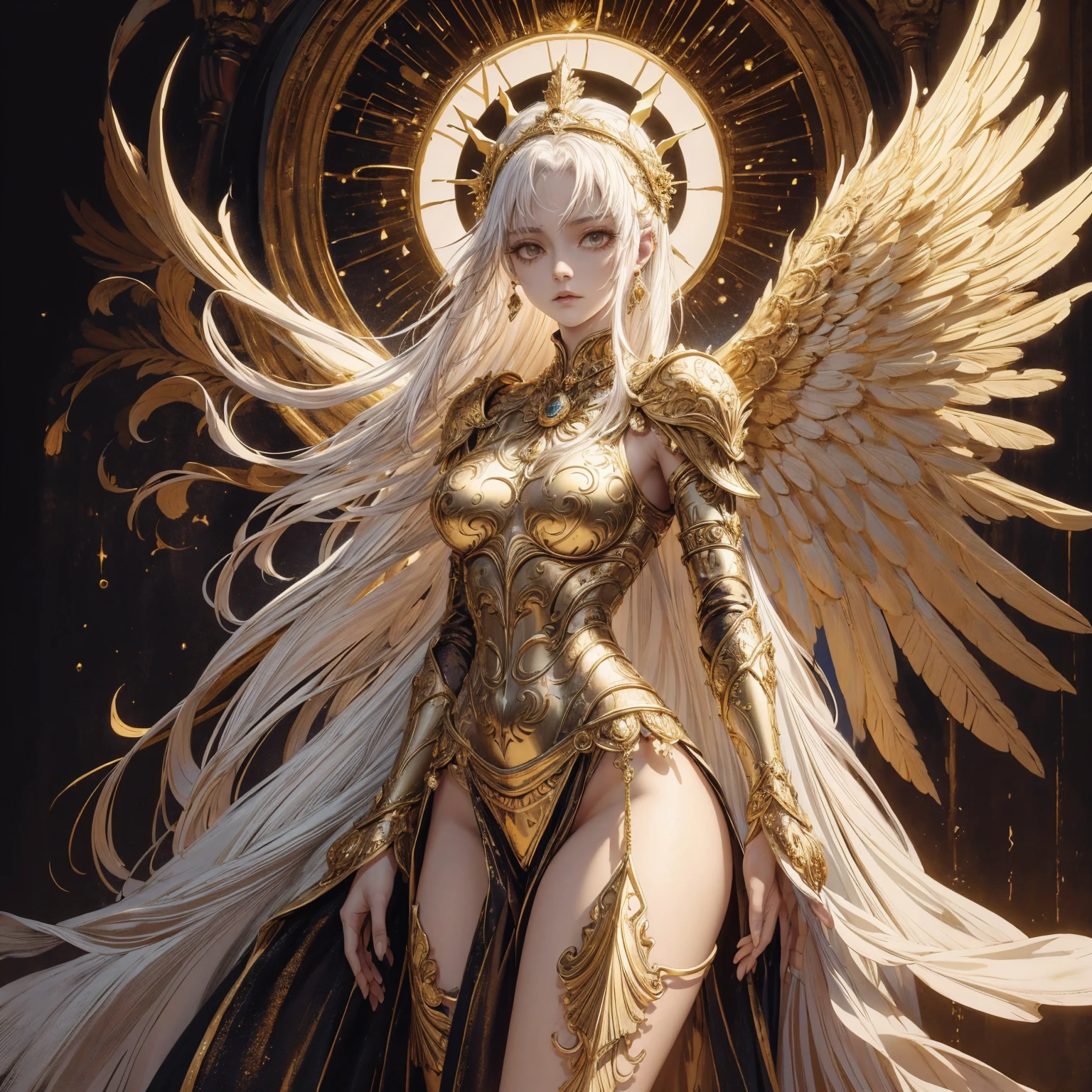 Art of Woman Wearing Sun Crown, Wearing a gorgeous golden breastplate that exposes a small amount of skin above the chest, Wearing a gorgeous golden dress, A pair of giant angel wings taller than the body spread out behind the woman., ancient goddess art, Sacredness. Very detailed, Mysterious inspiration, Inspiration from the Sun God, Religious inspiration, Cold and snobbish face, Dangerous expressions, White hair, Standing, Full body portrait, Gothic art style, Weird art style, Occult art