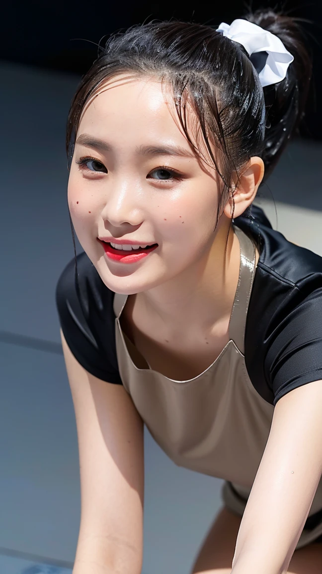 (8k), (Highest quality: 1.2), (Realistic), (Realistic: 1.47), Ultra-high resolution, 1 girl, cute, smile, Mouth closed, (Thick lips:1.2),Red lips,(Pursing your lips),Beautiful details, Beautiful Nose,Sweaty face,(Straight shiny black hair),(With a black ribbon on her head),(ponytail),stand on the concert stage,Hold the microphone in your right hand,Bend your elbows and raise your hands,(Grey Oversized,long,trainer:1.2),(Khaki brown pleated micro mini skirt:1.1),The length of the trainer is long,The skirt is half covered by the trainer,(Wet thighs close up:1.2),(knees),(Black socks:1.1),(Ultra low angle:1.2),(Medium Shot),