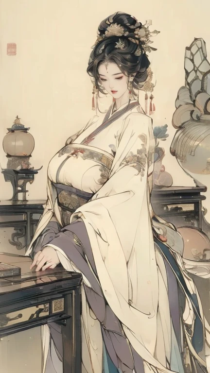 a beautiful chinese woman in traditional hanfu, extremely detailed eyes and face, large breasts, curvy hips, smiling, standing with legs spread and hips thrusting against a desk, detailed genitalia, pubic hair, large areolas, sensual, vintage fashion, mouth open, (best quality,4k,8k,highres,masterpiece:1.2),ultra-detailed,(realistic,photorealistic,photo-realistic:1.37),HDR,UHD,studio lighting,ultra-fine painting,sharp focus,physically-based rendering,extreme detail description,professional,vivid colors,bokeh,portrait