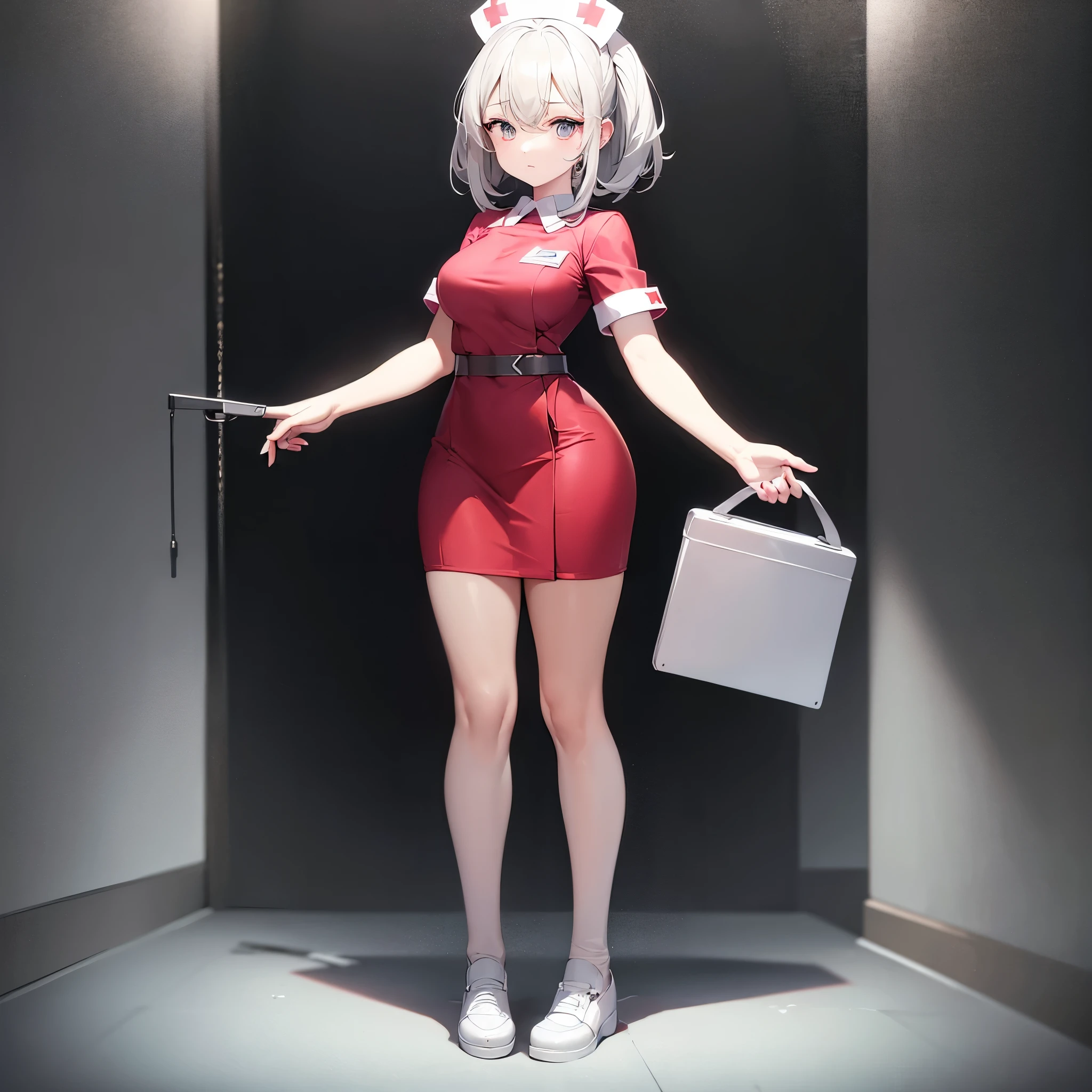 ((nurse)),((White shoes)),Top quality,(Dark Room), Subtle Light, Natural light,Soft lighting,Light from directly behind,(Are standing),Front view,Black background