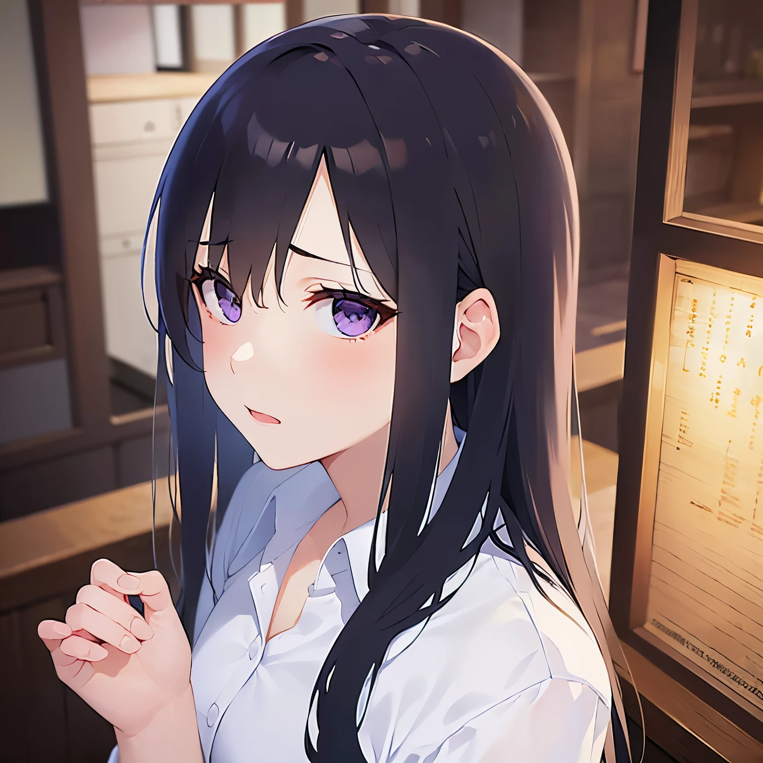 (looking at viewer:1.5),（Looking up：1.5） 
Realistic, real person, (pale skin: 1.2), RAW photo, photorealistic, shiny skin, shiny hair、
(A 25-year-old woman with straight hair and bangs) and (medium hair) and (black hair) and (purple eyes) , 
(Wearing a business suit:1.5) and (Wearing a white collared shirt)、
blush,(tearful:1.5),The background is the interior of an izakaya at night.、Hands are out in front