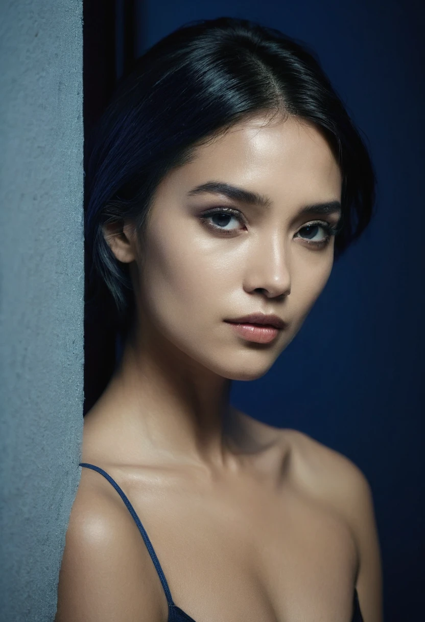 woman bathed in deep blue light, leaning against a wall, looking into the camera in a moment of raw emotion. Her attire is minimal, accentuating her beauty with the dramatic shadows cast by the lighting. The background is stark, with sharp contrasts highlighting the contours of her form. The blue and black palette intensifies the mood, evoking a sense of mystery and allure. Subtle film grain and meticulous shading add depth and texture, emphasizing the emotional gravity of the scene. The lighting creates a chiaroscuro effect, accentuating her expressive pose and the intense atmosphere.